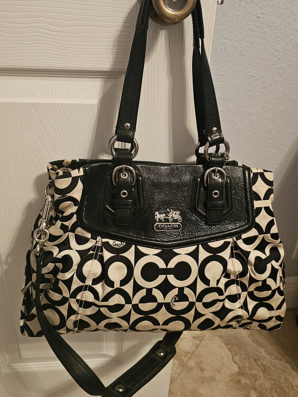 Coach Black and Cream Signature Circle-Print Shoulder Bag
